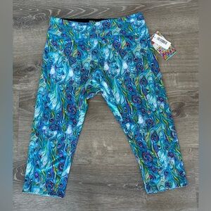 LuLaRoe Jade Leggings with Blue and Green Peacock Design Size Medium New